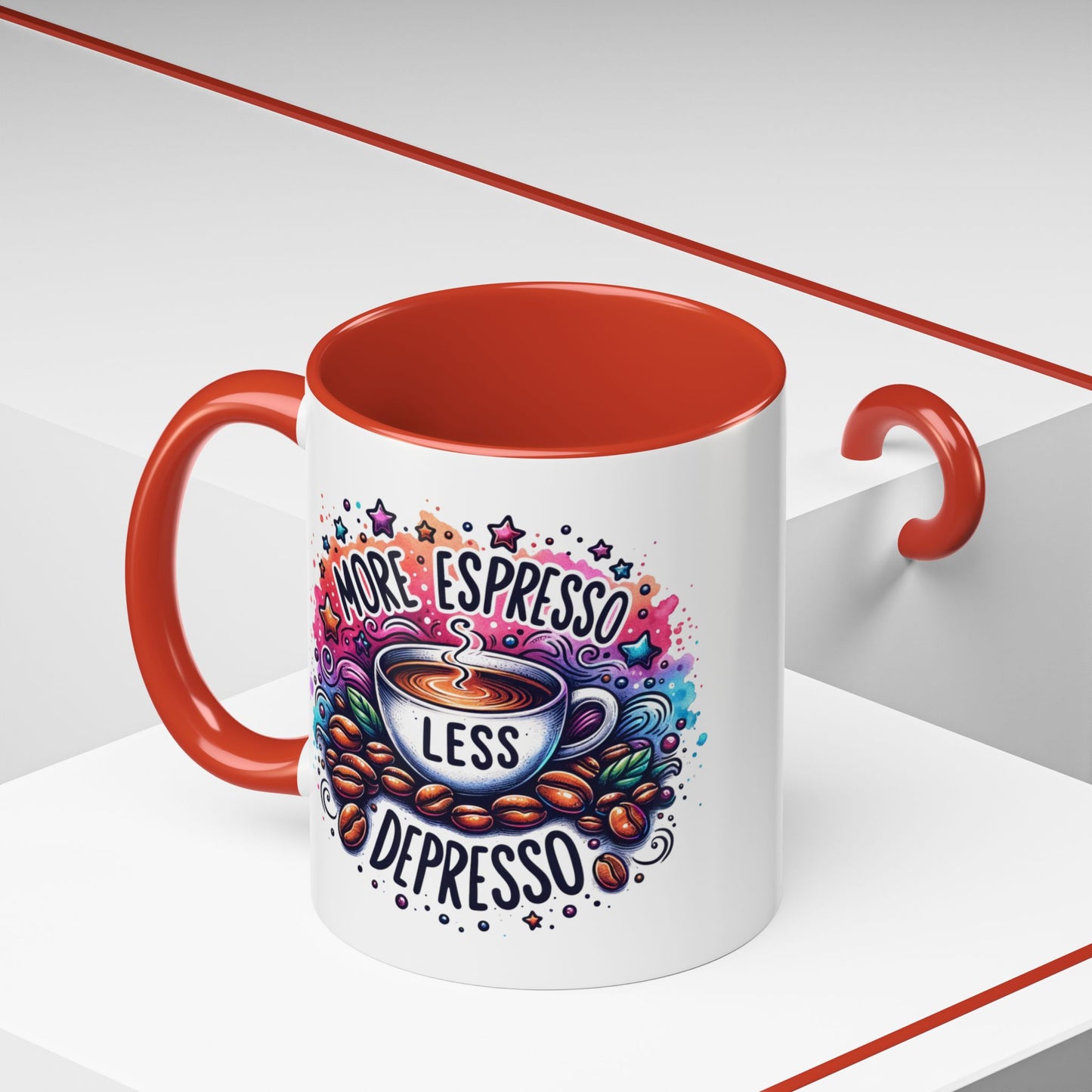 Cute Coffee Mug More Expresso Less Depresso 11 oz and 15 oz Mug with Accent Colors