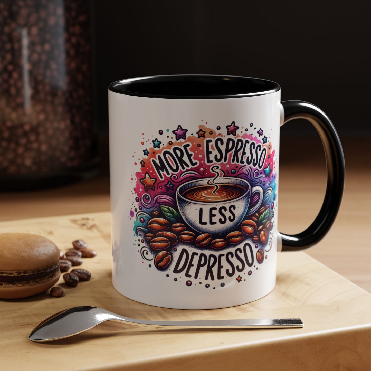 Cute Coffee Mug More Expresso Less Depresso 11 oz and 15 oz Mug with Accent Colors
