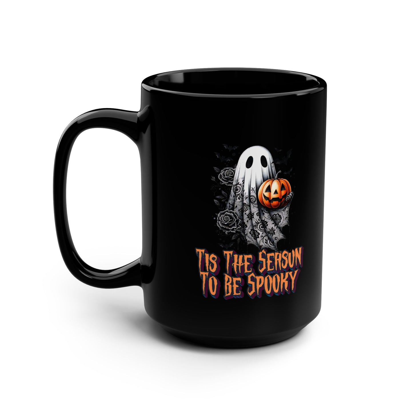 Tis the Season to be Spooky Ghost and Pumpkin 15 oz Black Mug Halloween-Themed Black Mug, Spooky Coffee Mug, Gift for Halloween Lovers, Fall Decor Mug, Pumpkin Ghost Mug