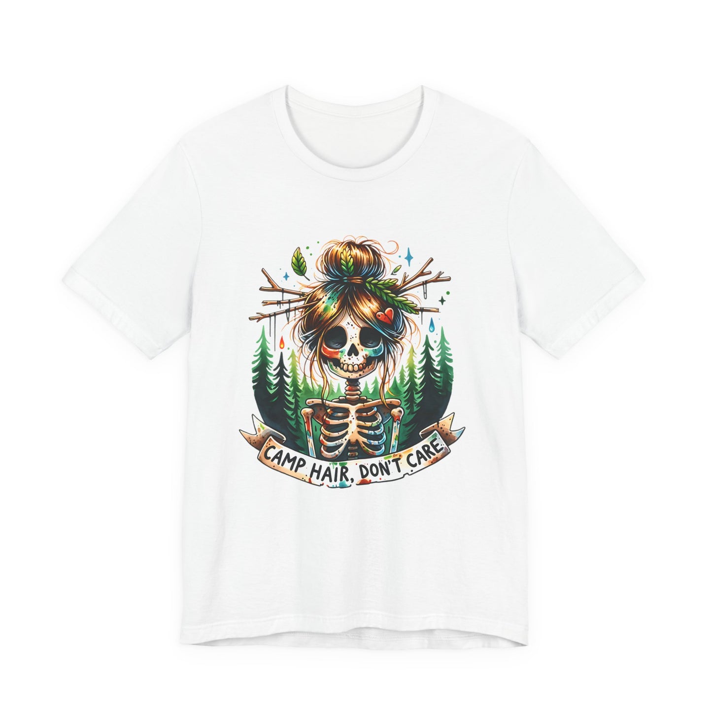 Camp Hair Don't Care Skull T-Shirt, Casual Summer Shirt, Hiking Apparel, Outdoor Fun Gift, Festival Top, Unisex Graphic Tee