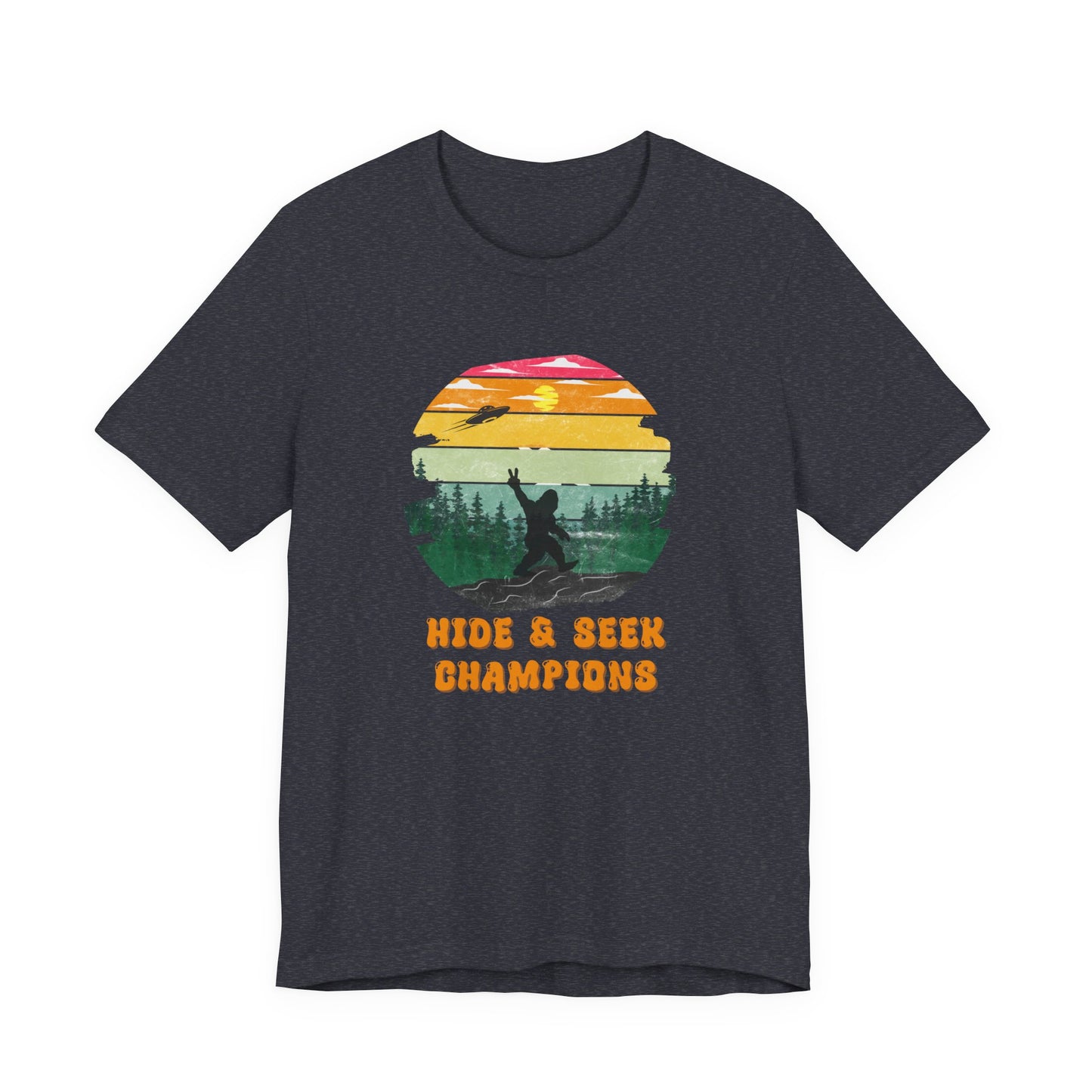 Retro Bigfoot T-Shirt Funny Hide and Seek Champion Graphic Tee Sasquatch Silhouette Sunset Forest Shirt Vintage Cryptid Lover Gift