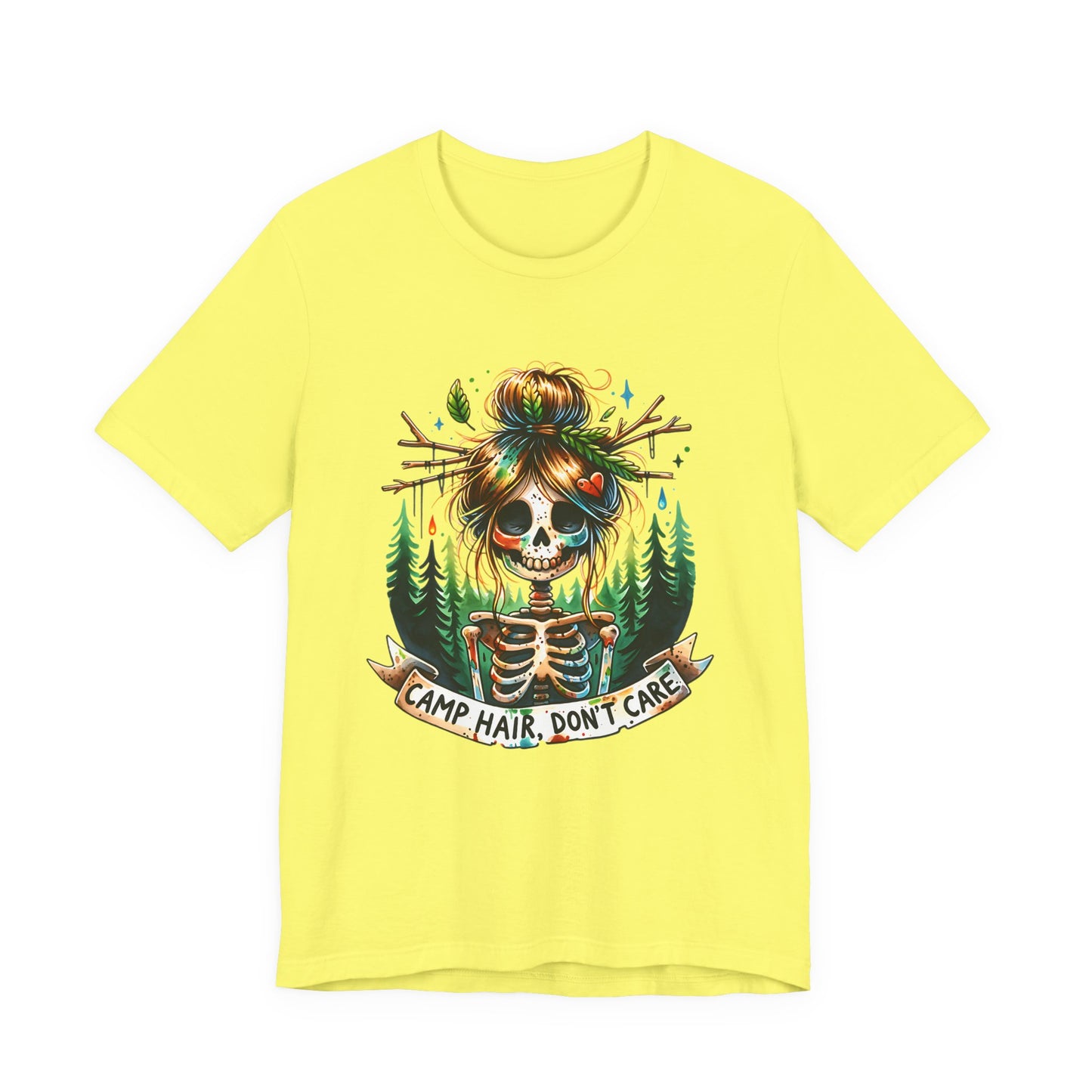 Camp Hair Don't Care Skull T-Shirt, Casual Summer Shirt, Hiking Apparel, Outdoor Fun Gift, Festival Top, Unisex Graphic Tee