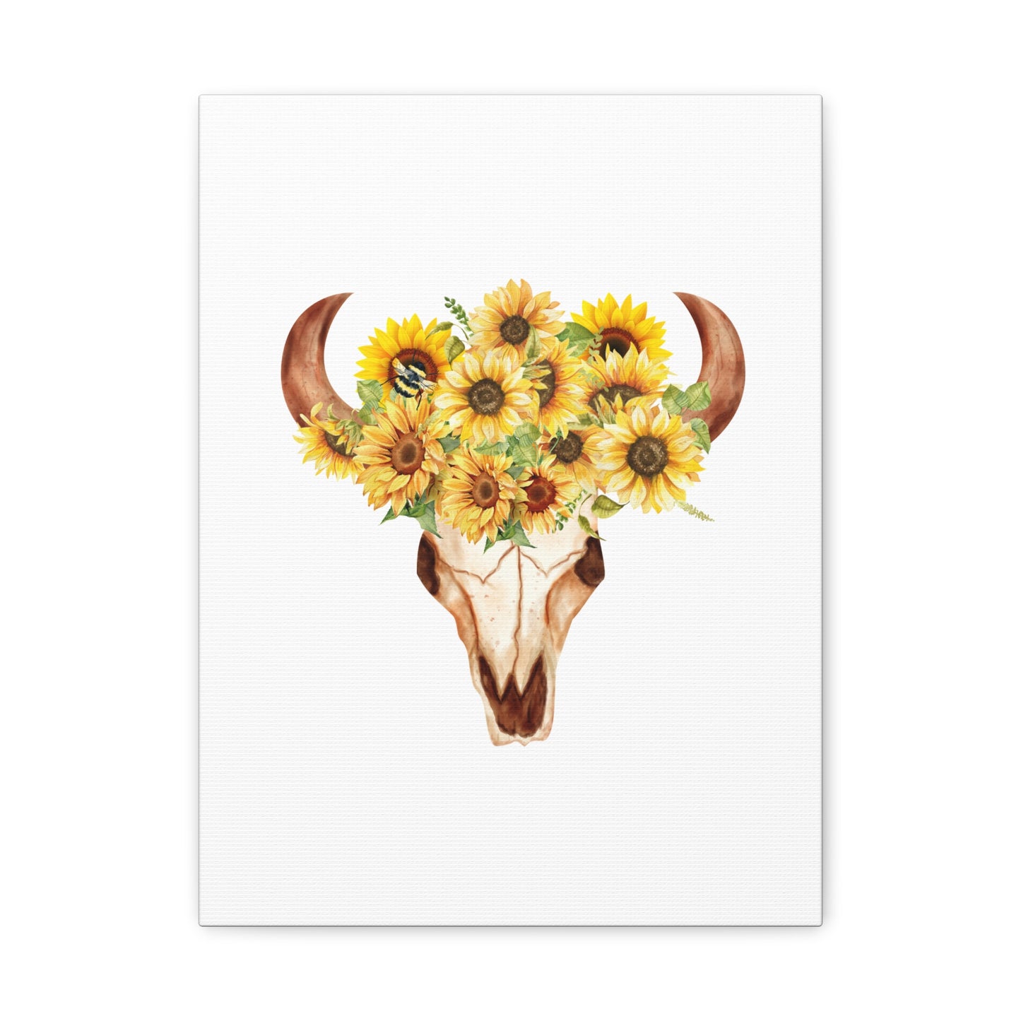Rustic Bull Skull with Sunflowers Floral Wall Art Canvas Print, Country Home Decor, Cow Skull with Sunflowers, Southwestern Style, Bohemian Wall Hanging