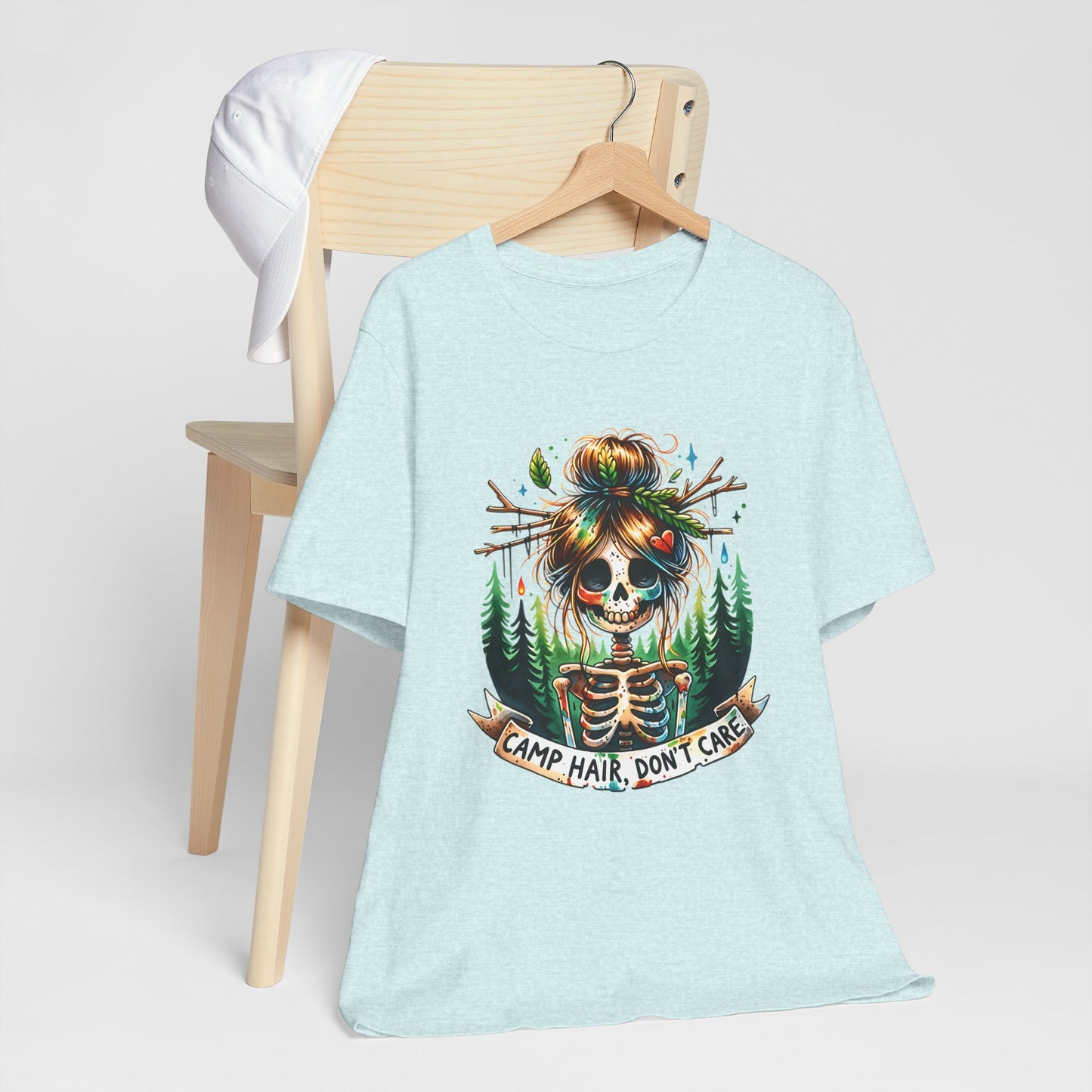 Camp Hair Don't Care Skull T-Shirt, Casual Summer Shirt, Hiking Apparel, Outdoor Fun Gift, Festival Top, Unisex Graphic Tee
