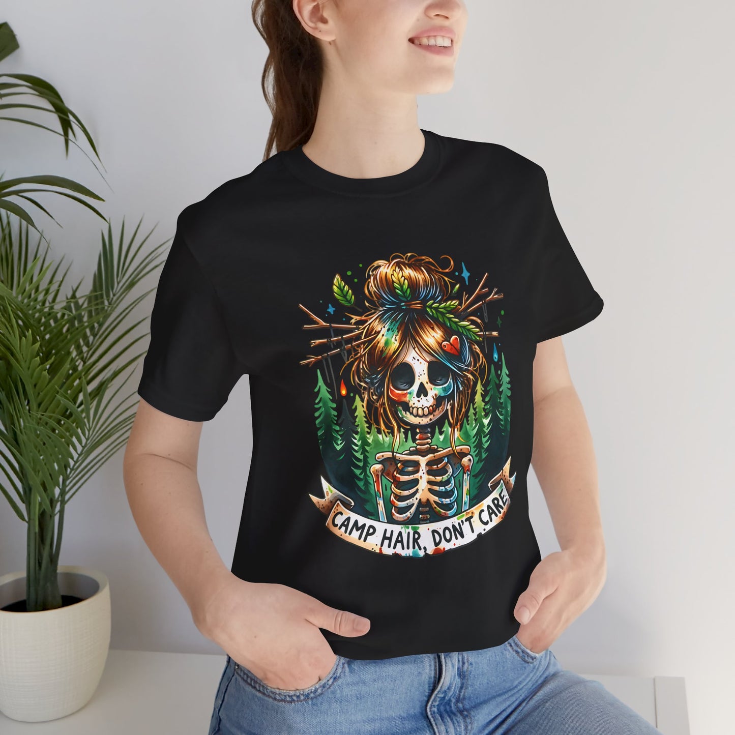 Camp Hair Don't Care Skull T-Shirt, Casual Summer Shirt, Hiking Apparel, Outdoor Fun Gift, Festival Top, Unisex Graphic Tee