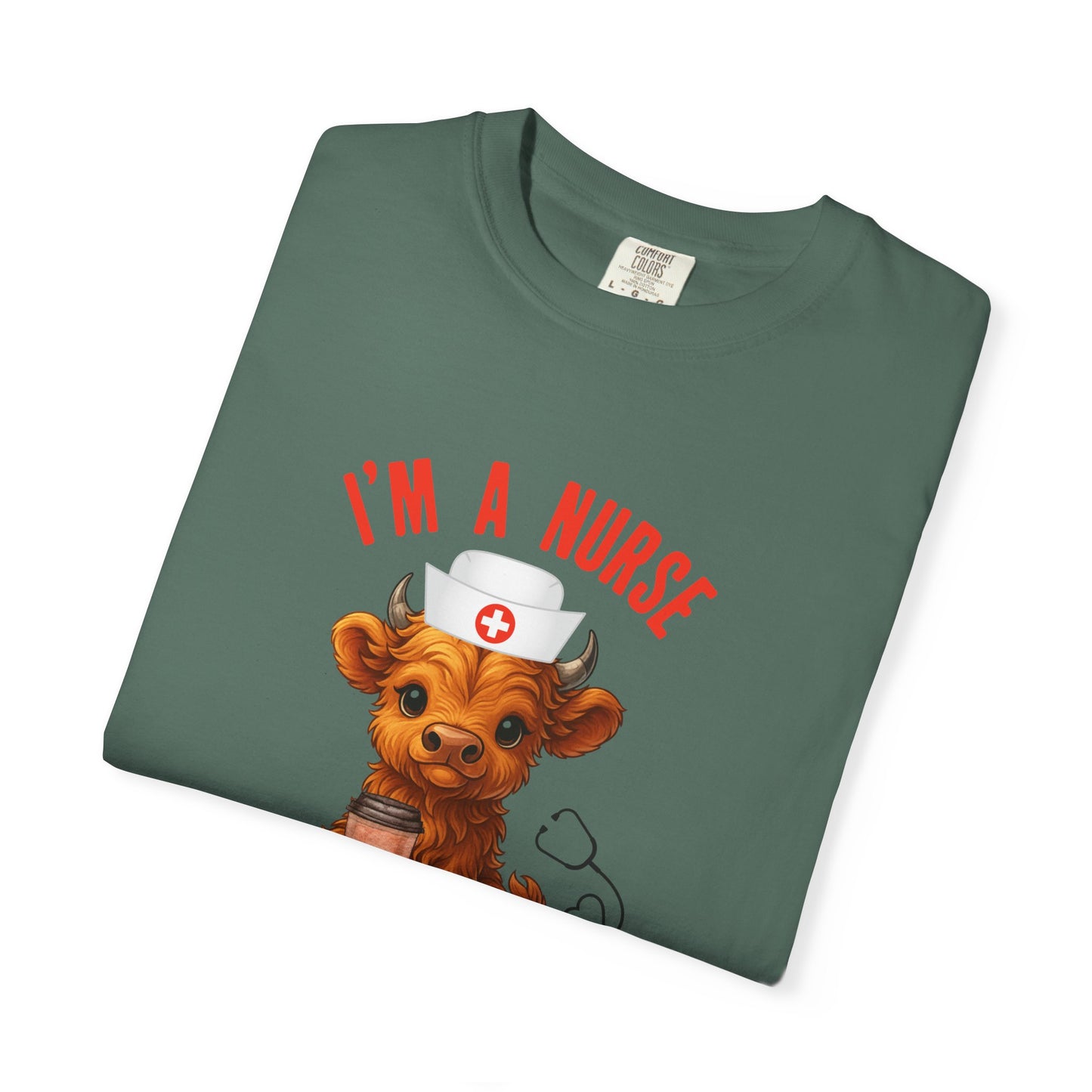 Comfort Colors Highland Cow Nurse T-Shirt I Run on Coffee & Pure Willpower