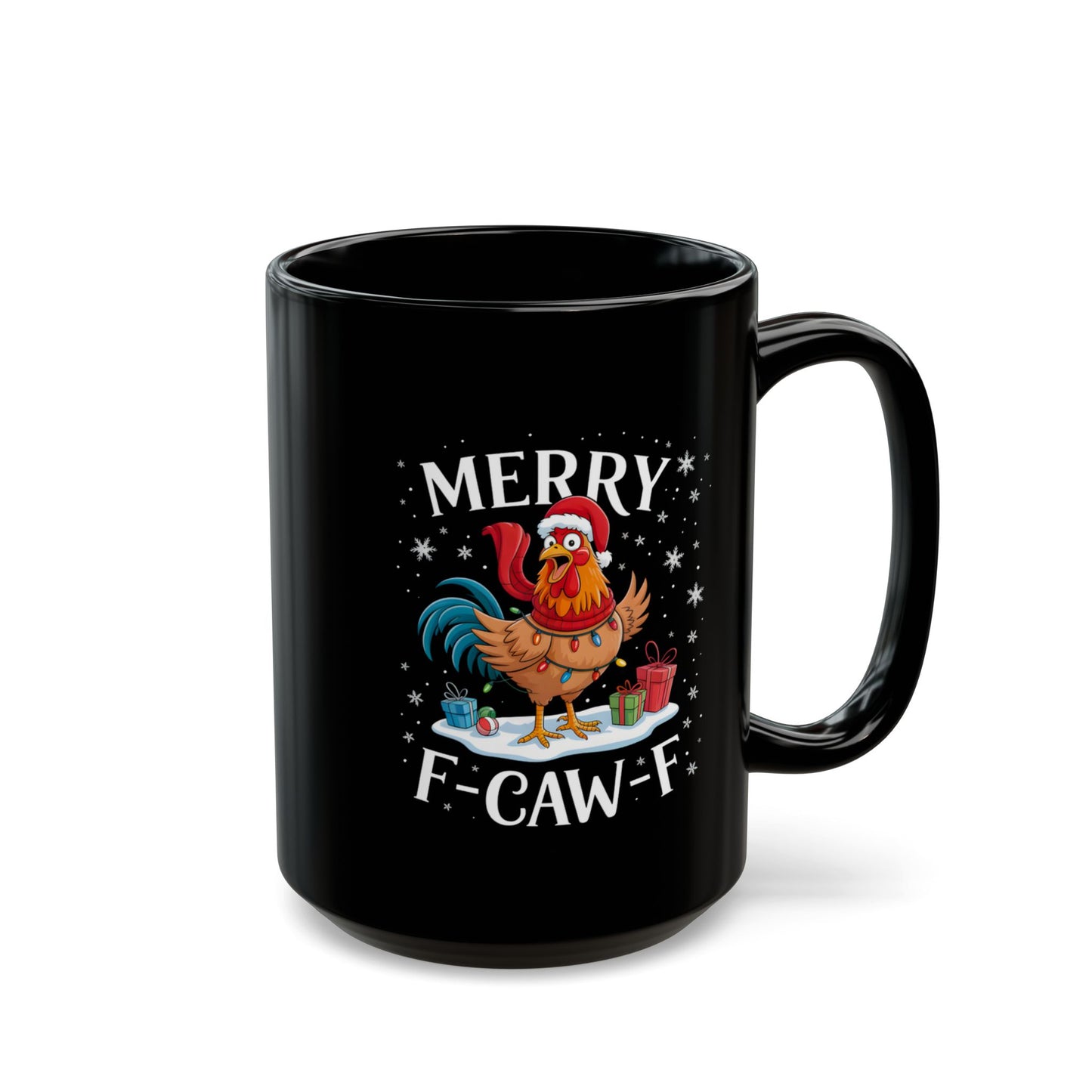 Merry F-Caw-F Rooster Christmas Mug — Funny Holiday Coffee Cup (11oz/15oz)