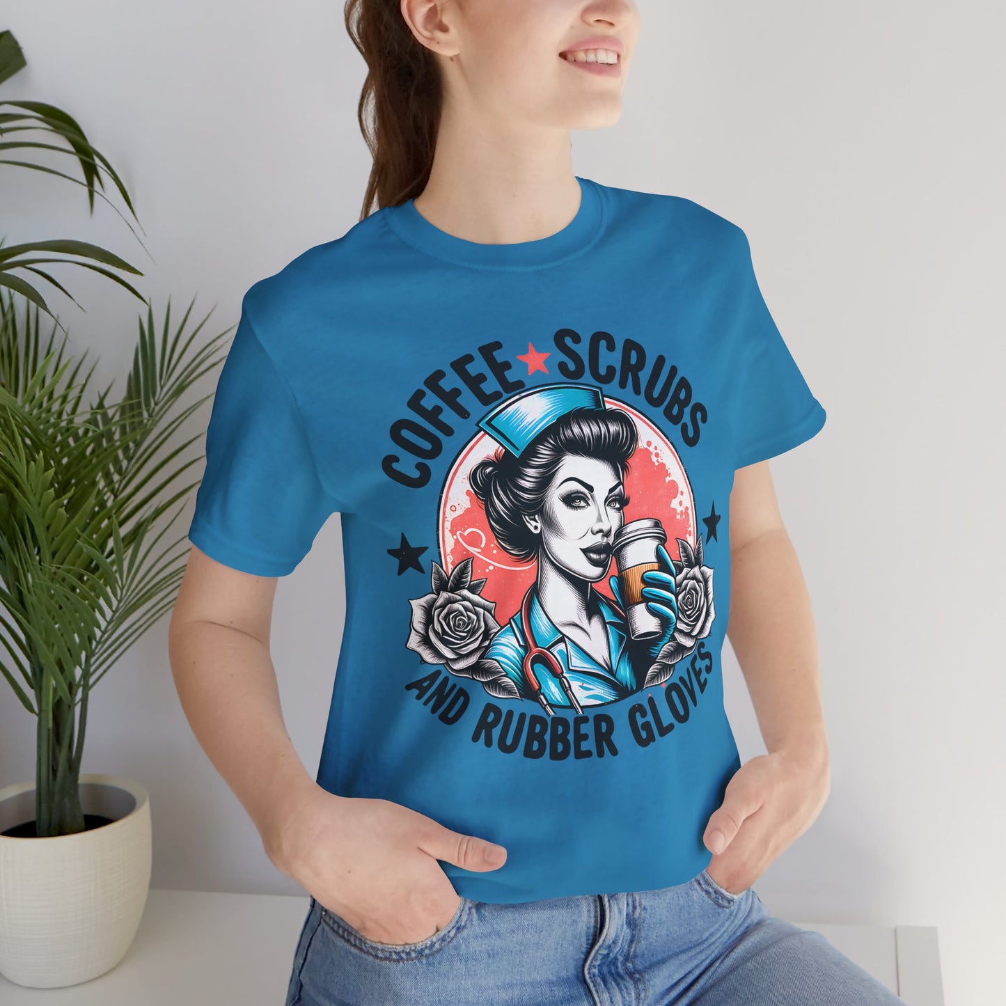 Coffee Scrubs and Rubber Gloves Bella Canvas Tee Fun Medical Profession Shirt, Gift for Nurses, Healthcare Workers, Birthday, Medical Humor