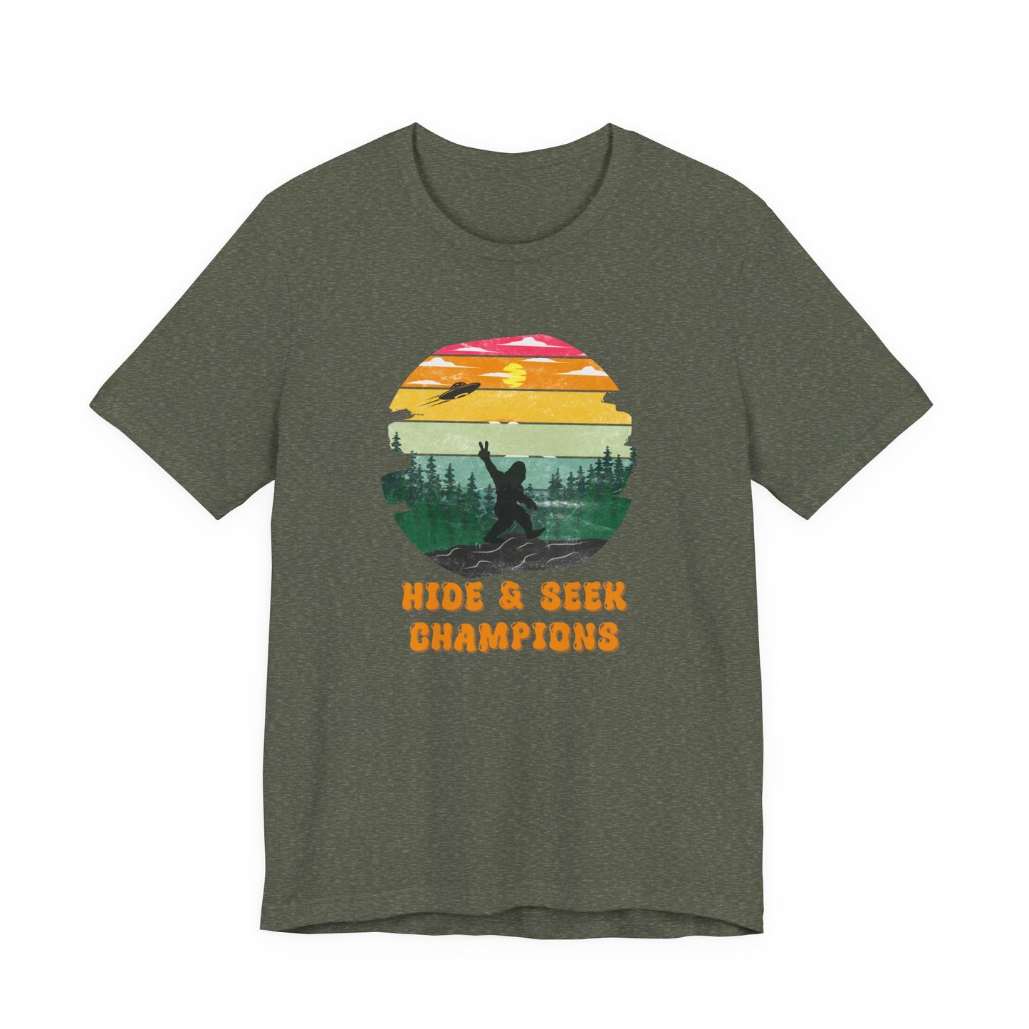 Retro Bigfoot T-Shirt Funny Hide and Seek Champion Graphic Tee Sasquatch Silhouette Sunset Forest Shirt Vintage Cryptid Lover Gift
