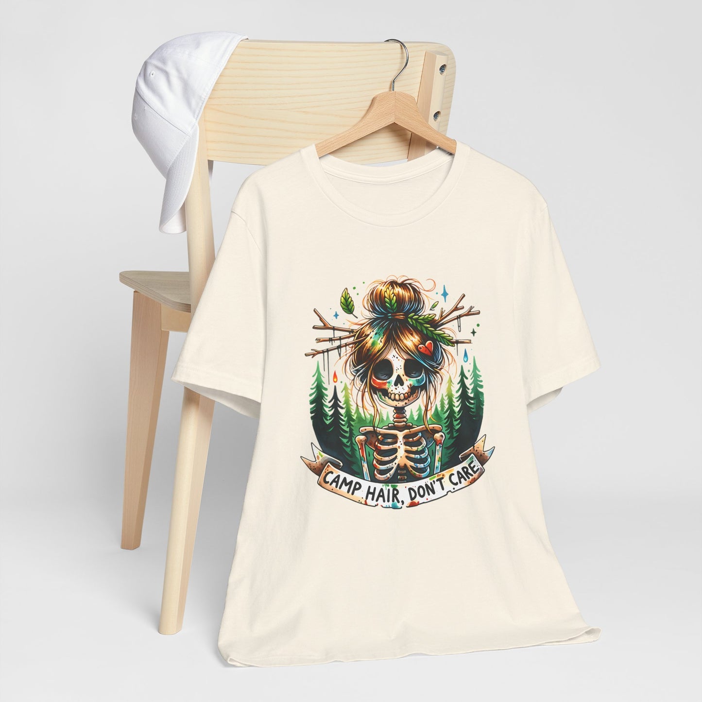 Camp Hair Don't Care Skull T-Shirt, Casual Summer Shirt, Hiking Apparel, Outdoor Fun Gift, Festival Top, Unisex Graphic Tee
