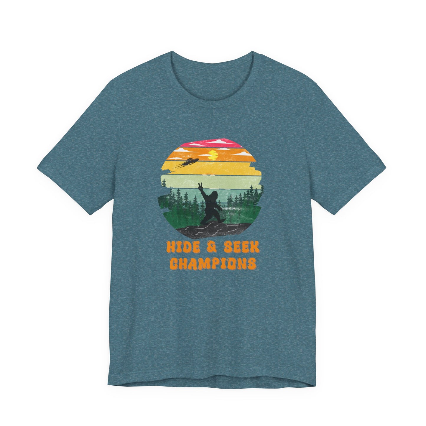 Retro Bigfoot T-Shirt Funny Hide and Seek Champion Graphic Tee Sasquatch Silhouette Sunset Forest Shirt Vintage Cryptid Lover Gift