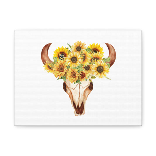 Rustic Bull Skull with Sunflowers Floral Wall Art Canvas Print, Country Home Decor, Cow Skull with Sunflowers, Southwestern Style, Bohemian Wall Hanging