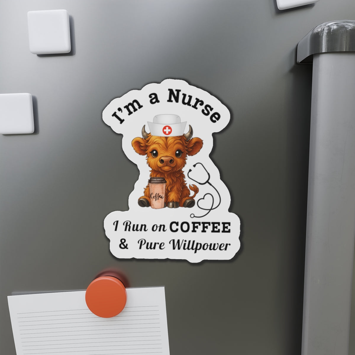Highland Cow Nurse Coffee Magnet, Cute Cow Design, Perfect Gift for Nurses, Hospital Decor, Job Appreciation Gift, Magnet for Fridge