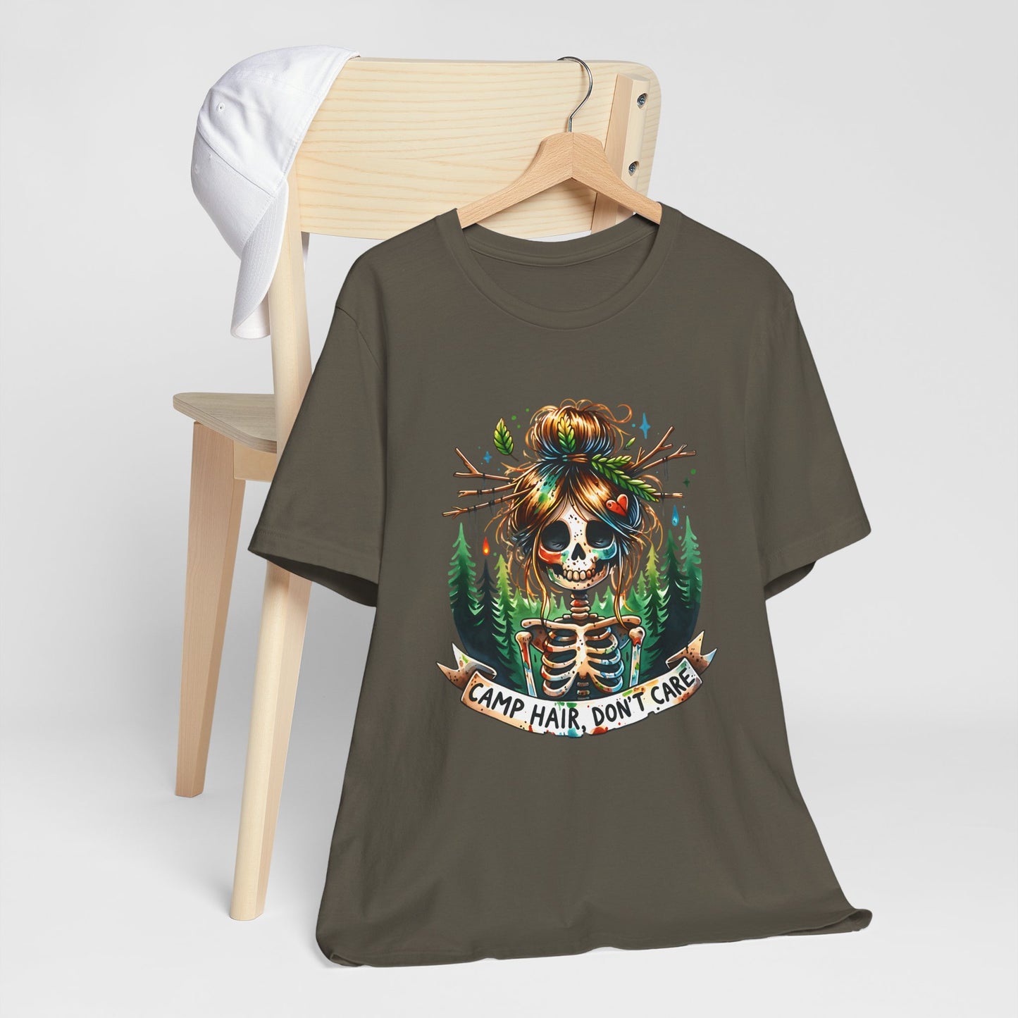 Camp Hair Don't Care Skull T-Shirt, Casual Summer Shirt, Hiking Apparel, Outdoor Fun Gift, Festival Top, Unisex Graphic Tee