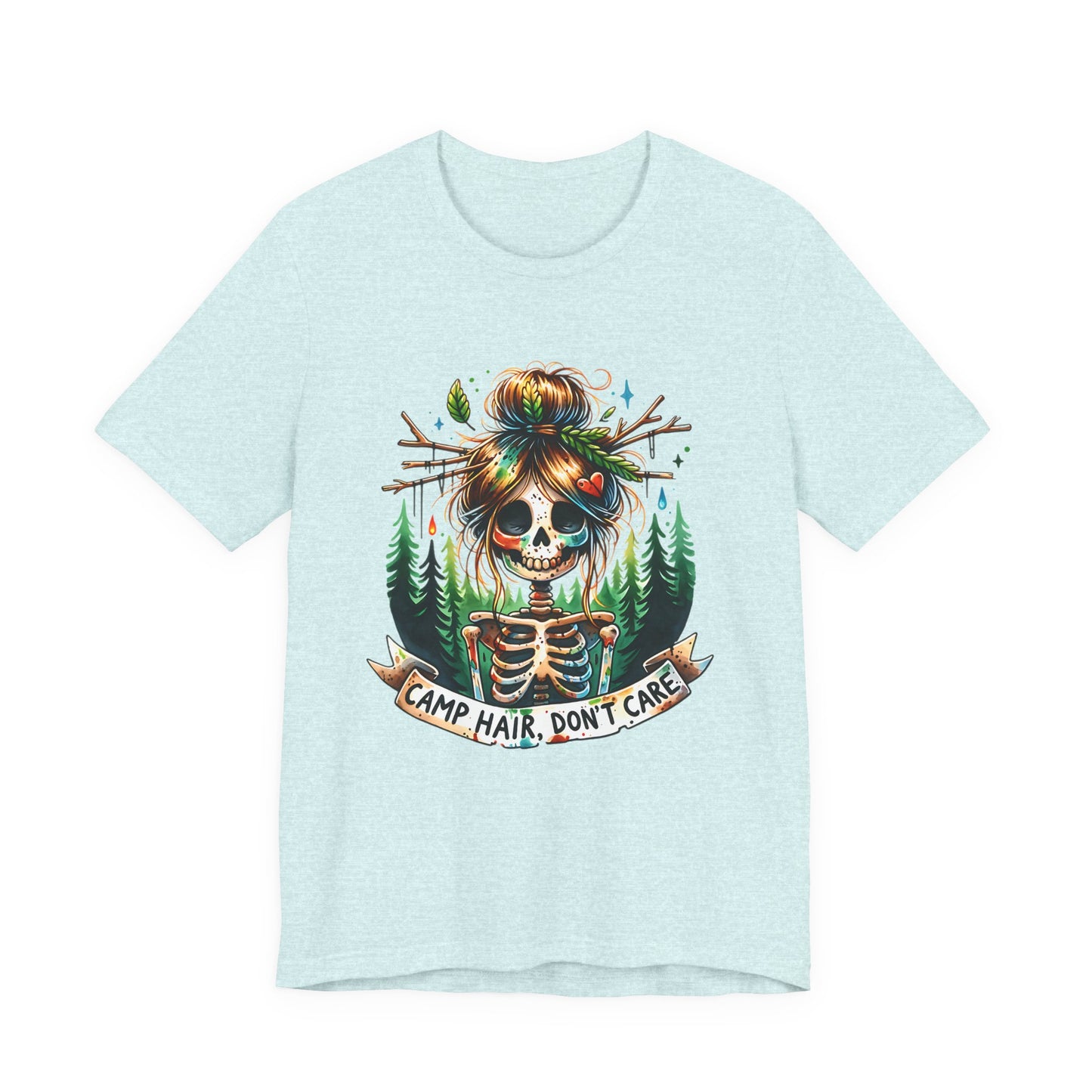 Camp Hair Don't Care Skull T-Shirt, Casual Summer Shirt, Hiking Apparel, Outdoor Fun Gift, Festival Top, Unisex Graphic Tee