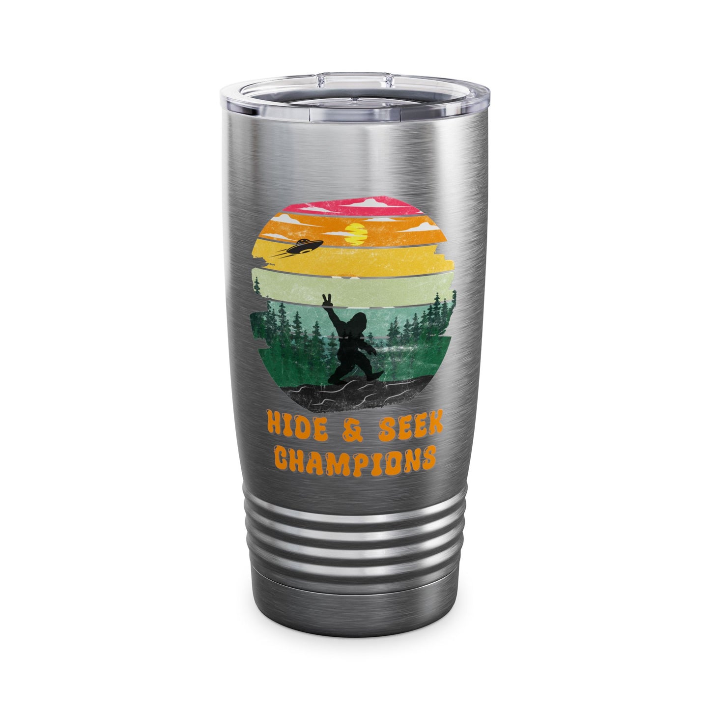 Retro Bigfoot 20 oz Tumbler Funny Hide and Seek Champion Graphic Steele Tumbler Sasquatch Silhouette Sunset Forest Cup Vintage Cryptid Lover Gift