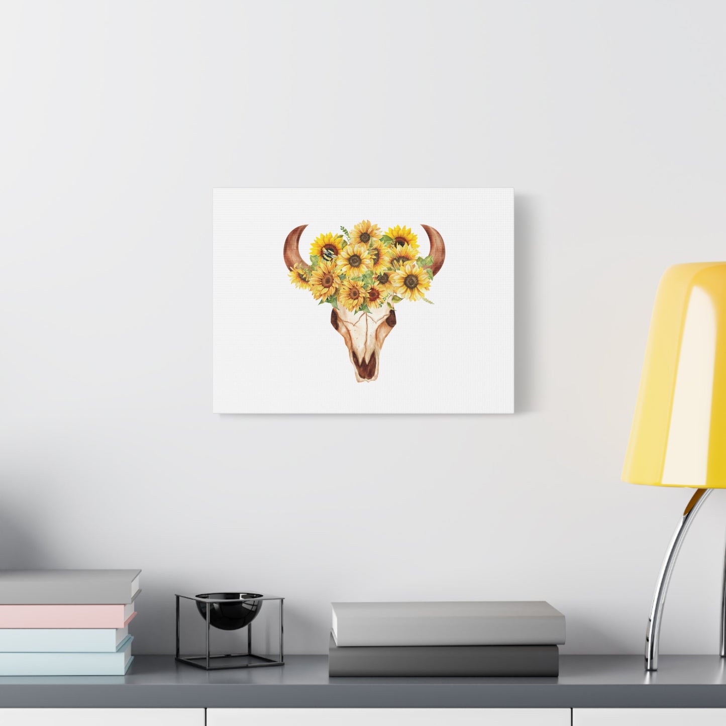 Rustic Bull Skull with Sunflowers Floral Wall Art Canvas Print, Country Home Decor, Cow Skull with Sunflowers, Southwestern Style, Bohemian Wall Hanging
