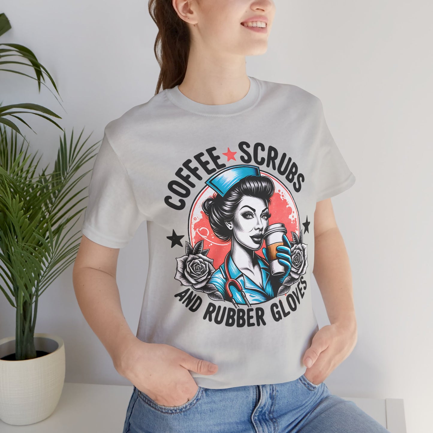 Coffee Scrubs and Rubber Gloves Bella Canvas Tee Fun Medical Profession Shirt, Gift for Nurses, Healthcare Workers, Birthday, Medical Humor