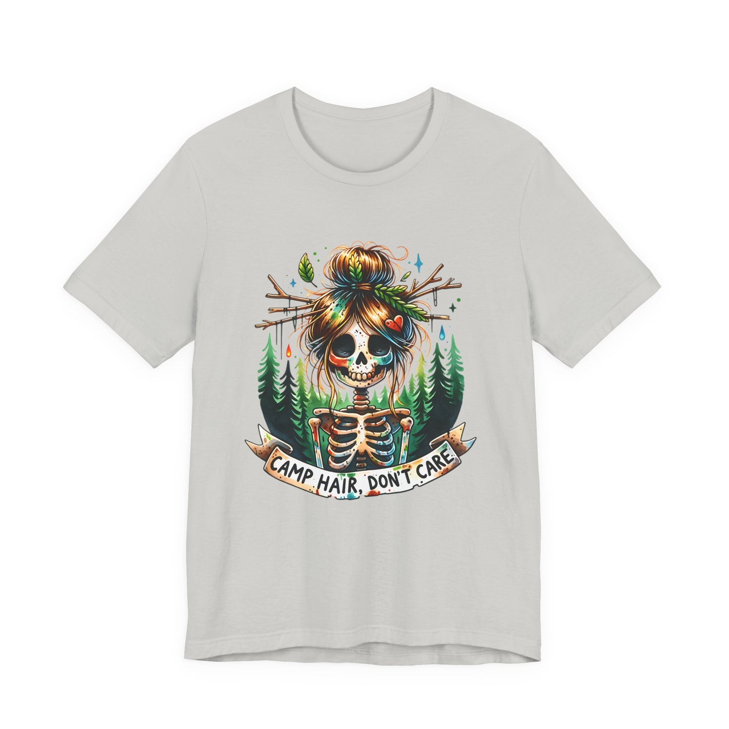 Camp Hair Don't Care Skull T-Shirt, Casual Summer Shirt, Hiking Apparel, Outdoor Fun Gift, Festival Top, Unisex Graphic Tee