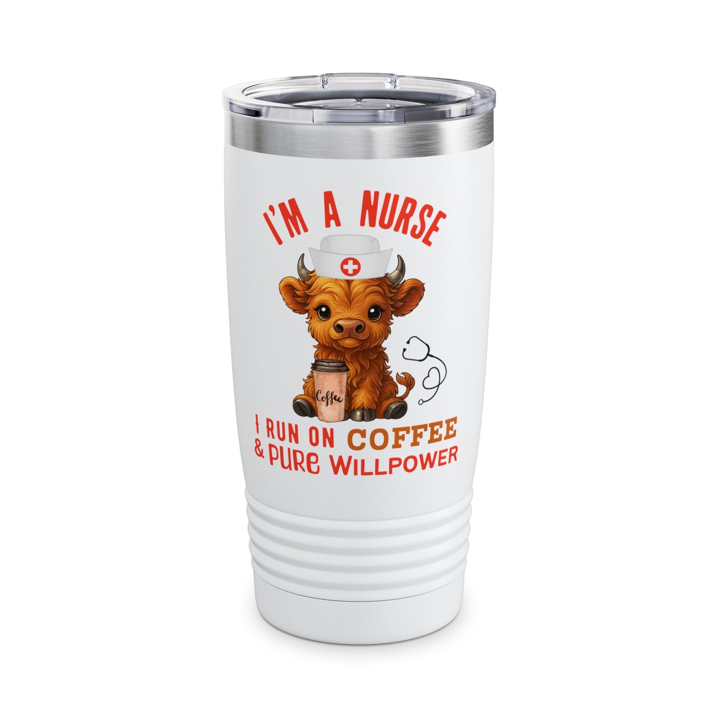 Highland Cow Tumbler I'm a Nurse, I run on Coffee and Pure Willpower 20oz Travel Mug