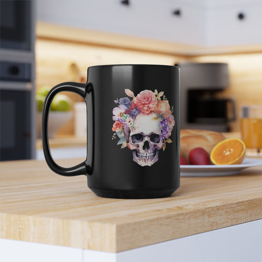 Gothic Floral Skull 15oz Mug Vintage Boho Skull Watercolor Goth Graphic Mug Floral Skull Mug Floral Skull Black Mug 15oz Coffee Cup Gothic Home Decor Halloween Gift