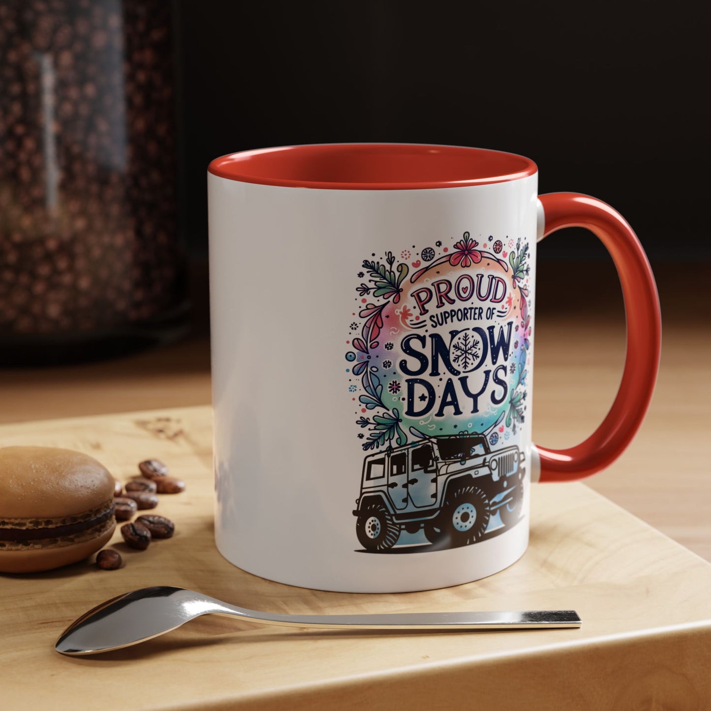 JEEP Coffee Mug Proud Supporter of Snow Days Jeep Coffee Mug, Accent Mug for Jeep Lovers, Winter Beverage Cup, Holiday Gift Idea, Fun Travel Mug