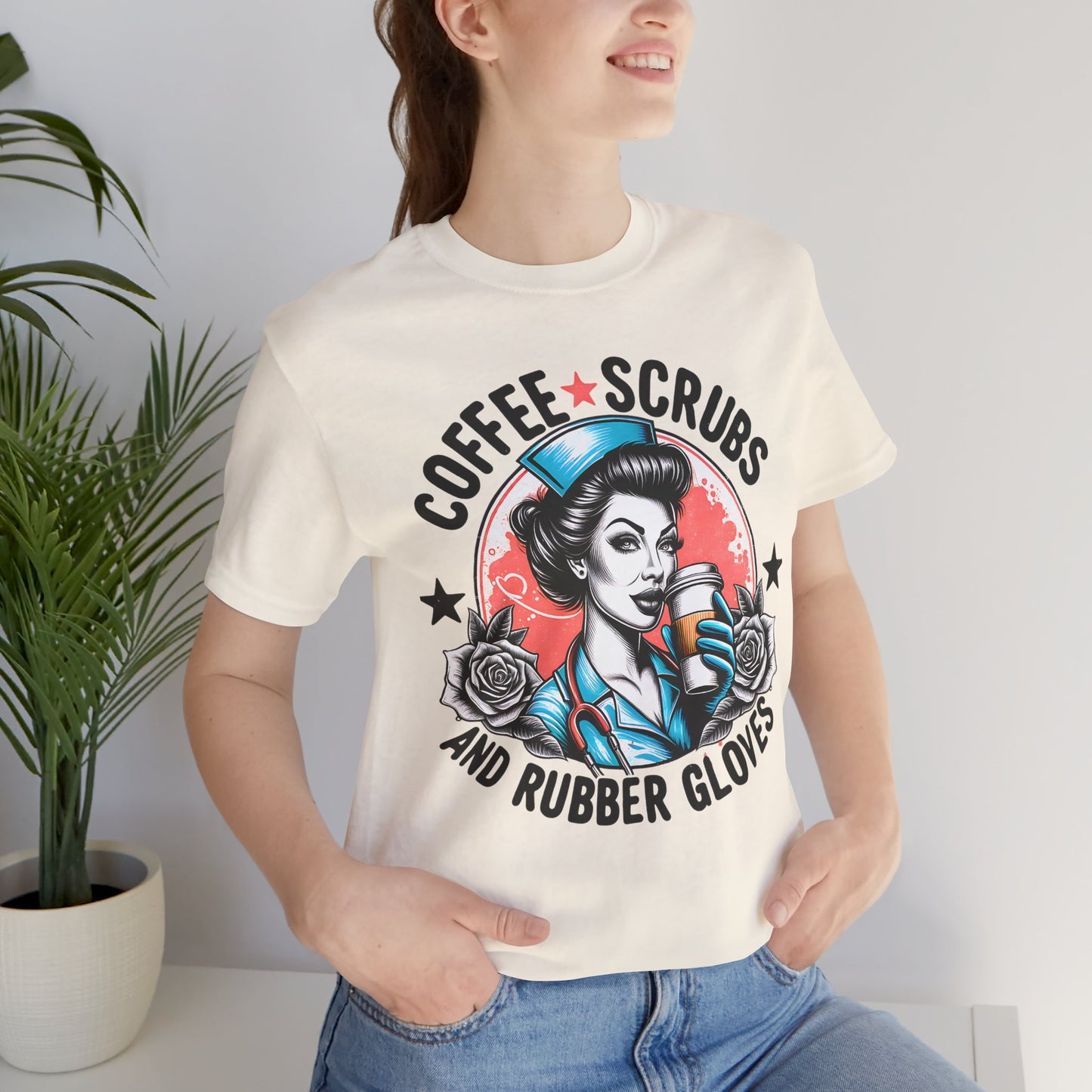 Coffee Scrubs and Rubber Gloves Bella Canvas Tee Fun Medical Profession Shirt, Gift for Nurses, Healthcare Workers, Birthday, Medical Humor