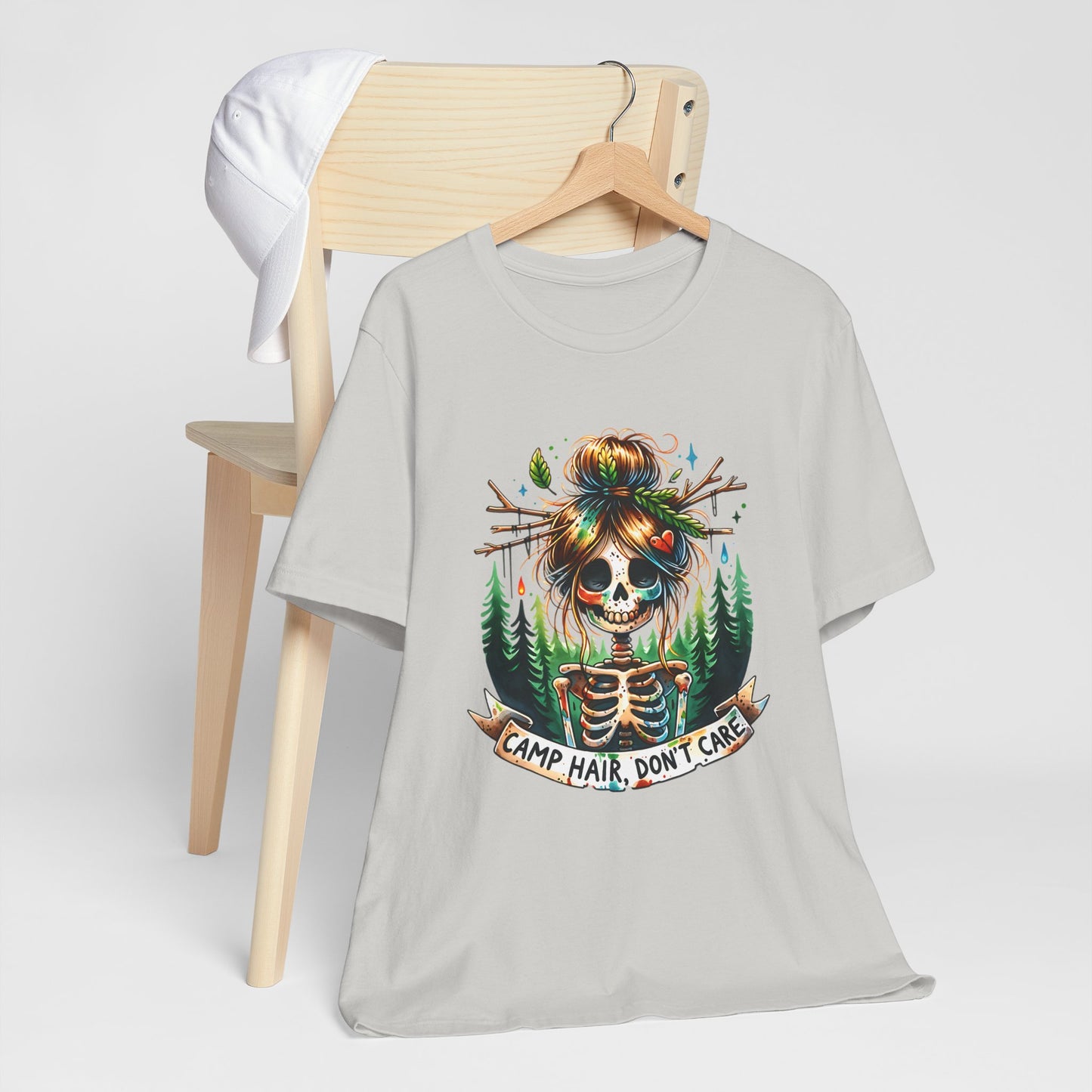 Camp Hair Don't Care Skull T-Shirt, Casual Summer Shirt, Hiking Apparel, Outdoor Fun Gift, Festival Top, Unisex Graphic Tee