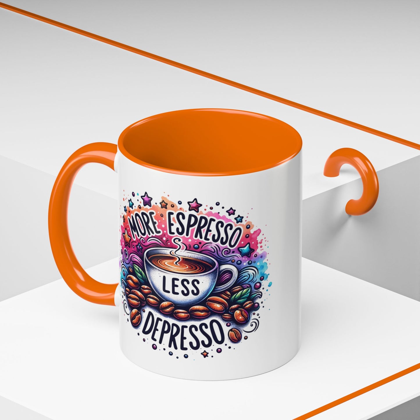 Cute Coffee Mug More Expresso Less Depresso 11 oz and 15 oz Mug with Accent Colors