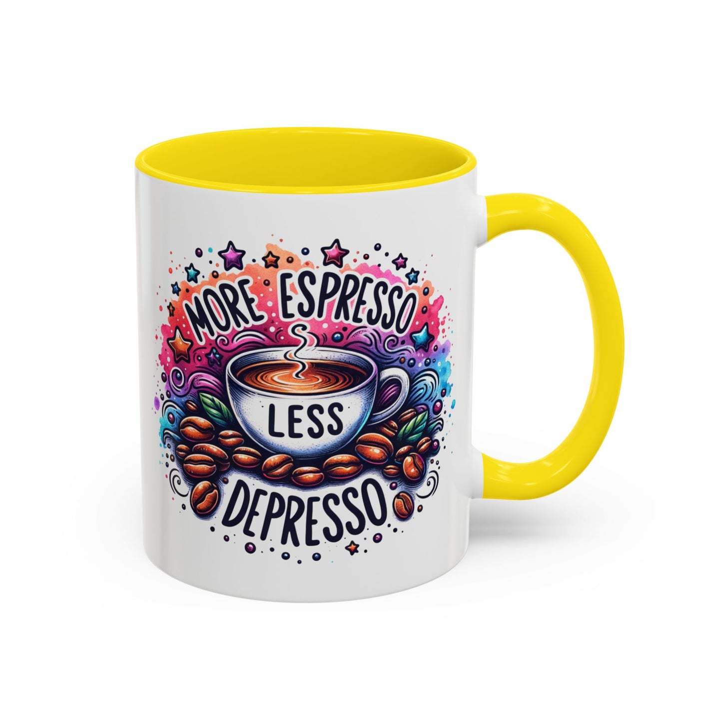 Cute Coffee Mug More Expresso Less Depresso 11 oz and 15 oz Mug with Accent Colors