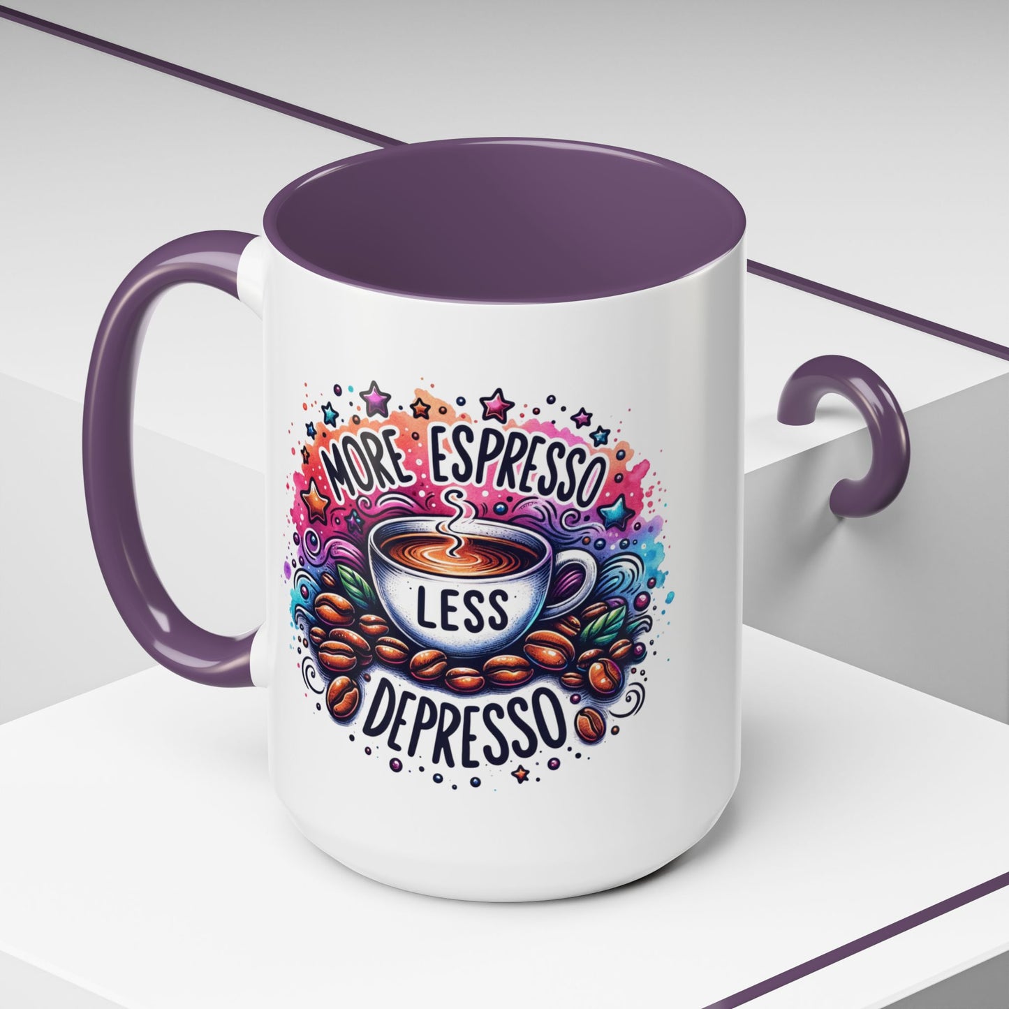 Cute Coffee Mug More Expresso Less Depresso 11 oz and 15 oz Mug with Accent Colors