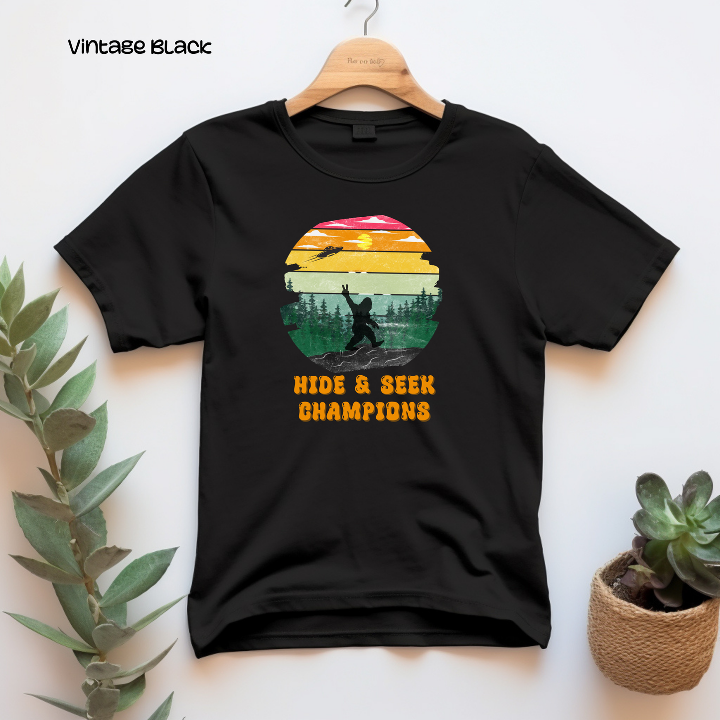 Retro Bigfoot T-Shirt Funny Hide and Seek Champion Graphic Tee Sasquatch Silhouette Sunset Forest Shirt Vintage Cryptid Lover Gift