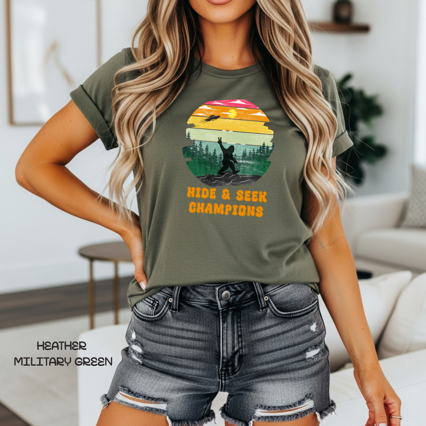 Retro Bigfoot T-Shirt Funny Hide and Seek Champion Graphic Tee Sasquatch Silhouette Sunset Forest Shirt Vintage Cryptid Lover Gift