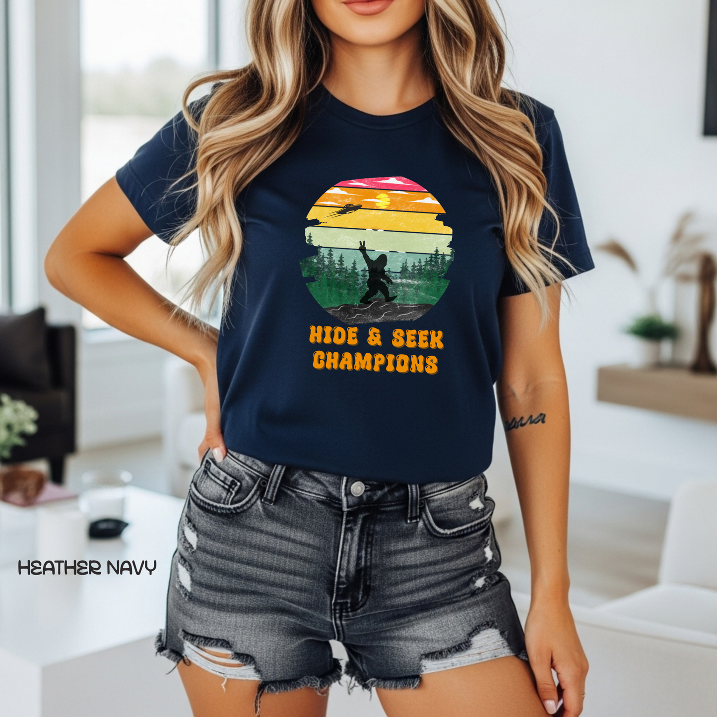 Retro Bigfoot T-Shirt Funny Hide and Seek Champion Graphic Tee Sasquatch Silhouette Sunset Forest Shirt Vintage Cryptid Lover Gift