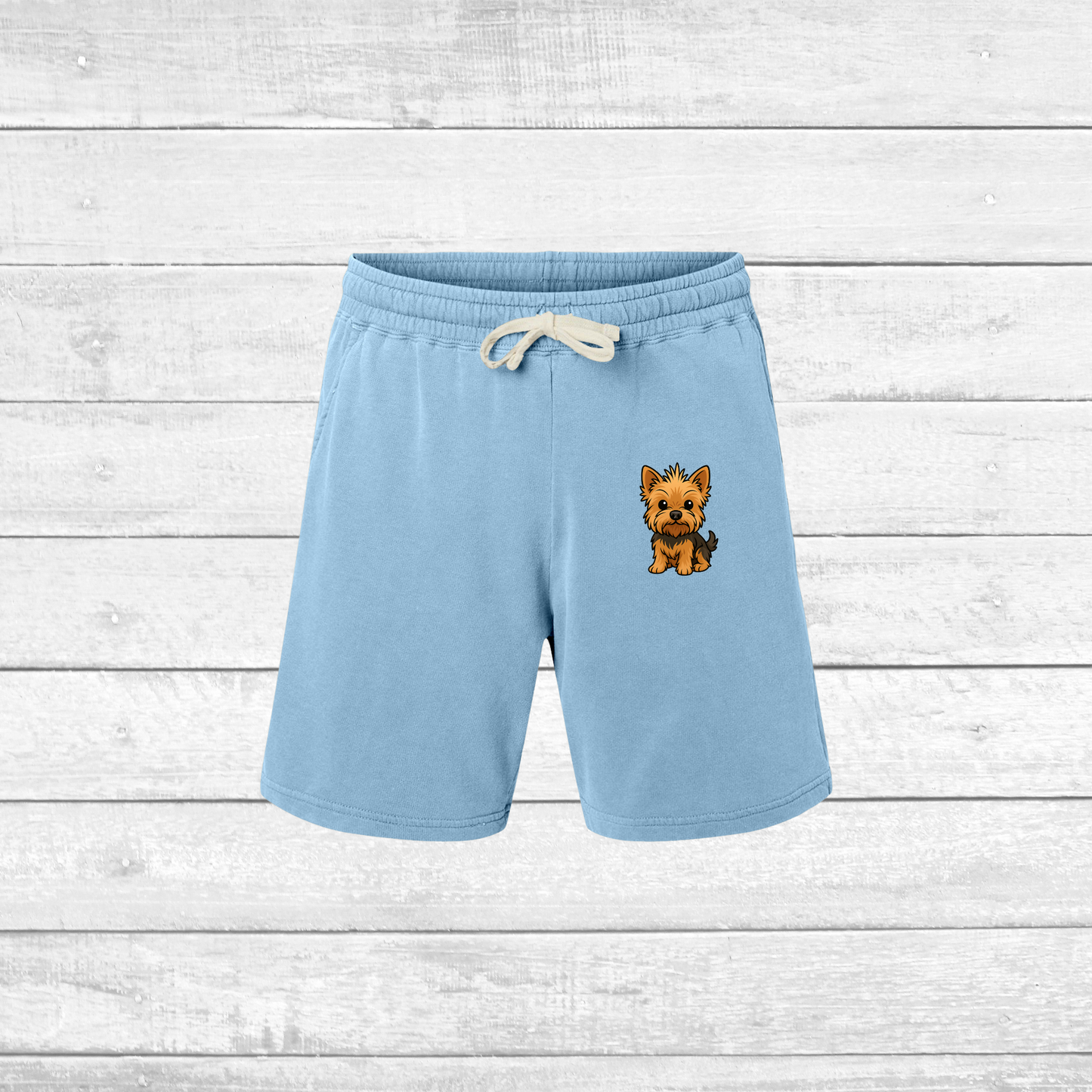 Cute Yorkie Dog Print Fleece Sweat Shorts, Comfortable Summer Lounge Wear, Pet Lover Gift, Casual Beach Shorts, Unisex Dog Shorts