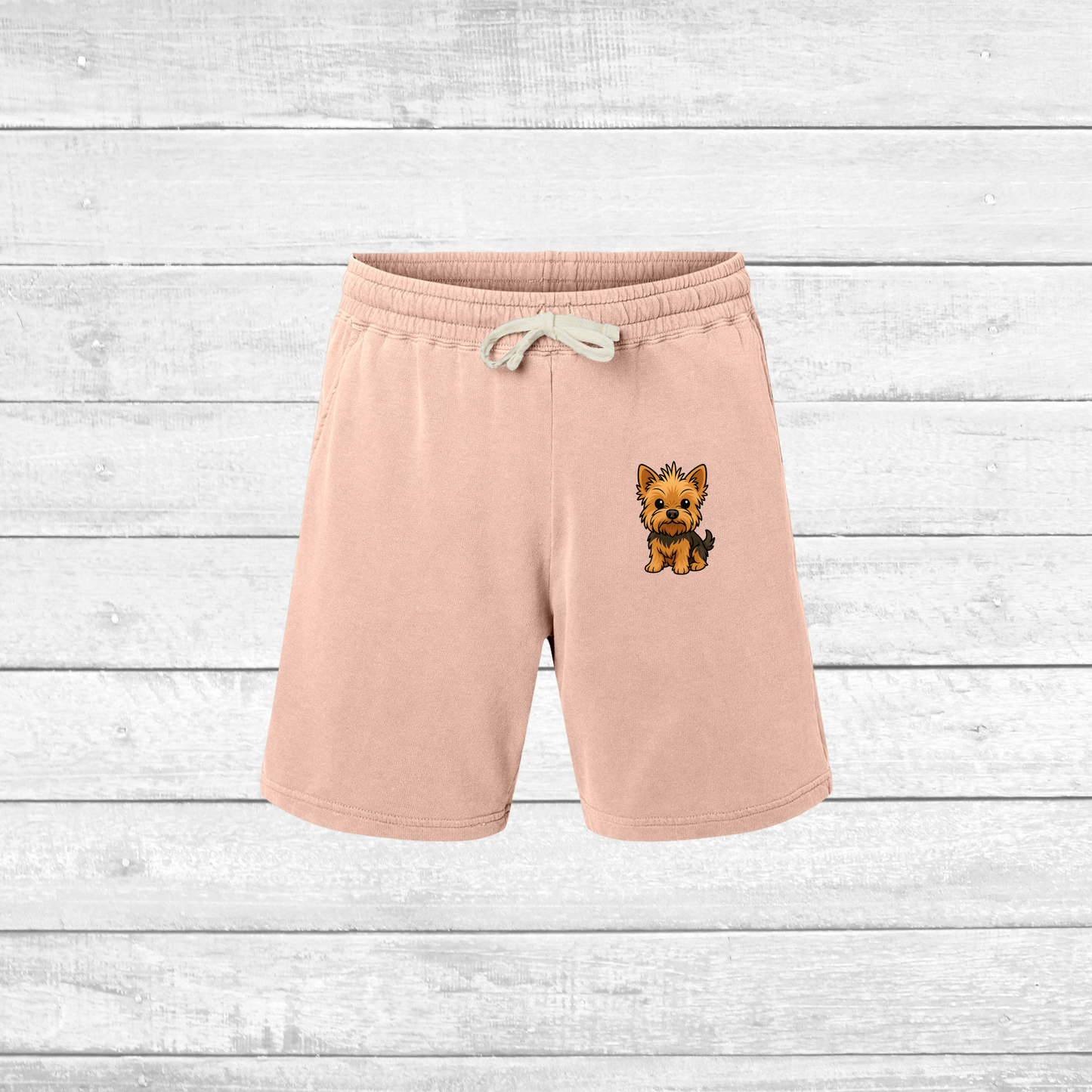 Cute Yorkie Dog Print Fleece Sweat Shorts, Comfortable Summer Lounge Wear, Pet Lover Gift, Casual Beach Shorts, Unisex Dog Shorts