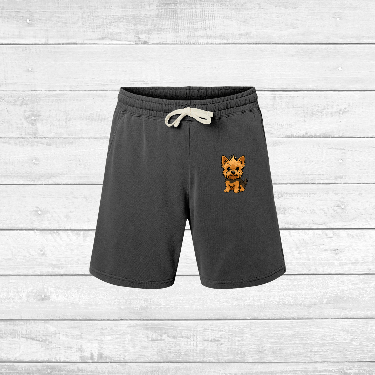 Cute Yorkie Dog Print Fleece Sweat Shorts, Comfortable Summer Lounge Wear, Pet Lover Gift, Casual Beach Shorts, Unisex Dog Shorts