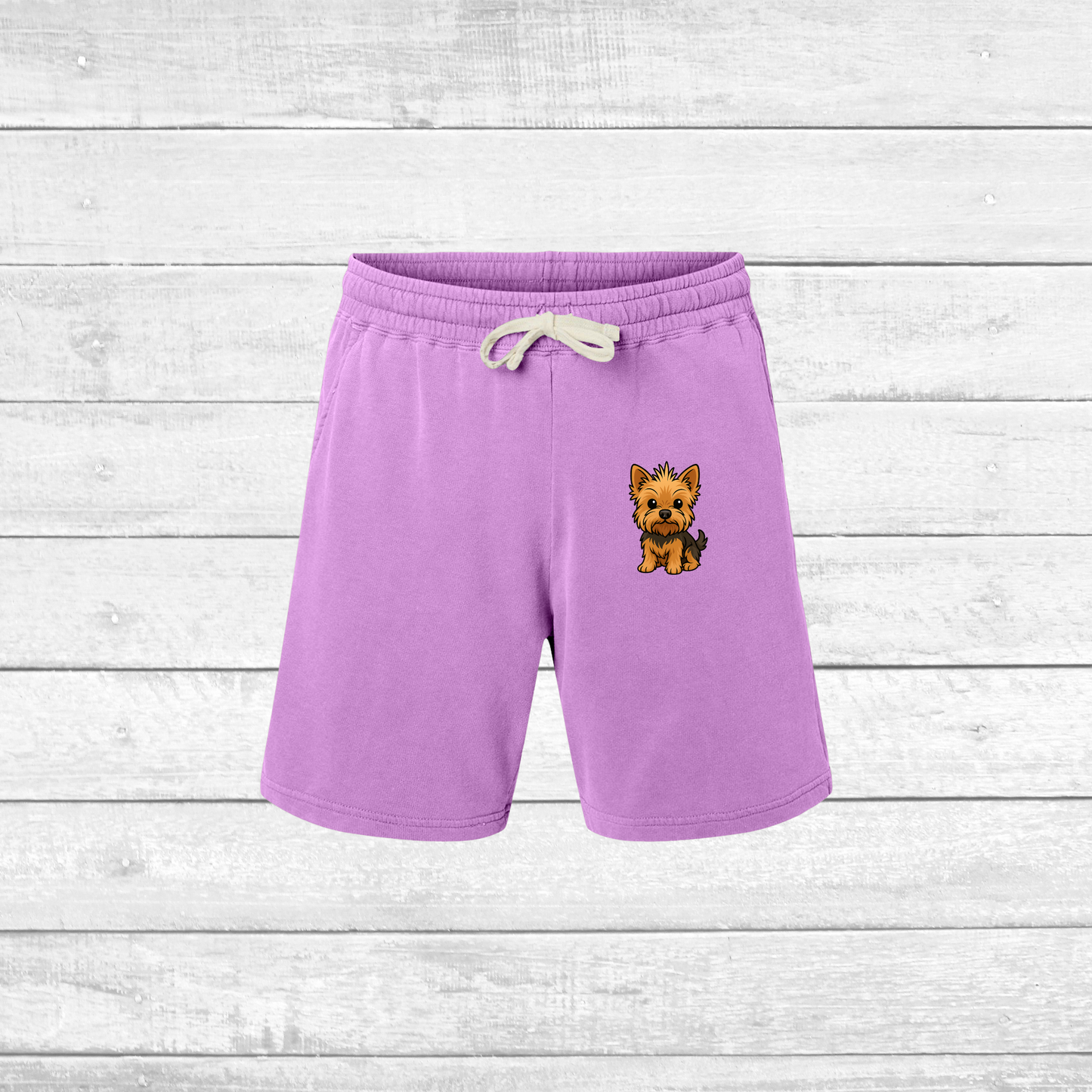 Cute Yorkie Dog Print Fleece Sweat Shorts, Comfortable Summer Lounge Wear, Pet Lover Gift, Casual Beach Shorts, Unisex Dog Shorts