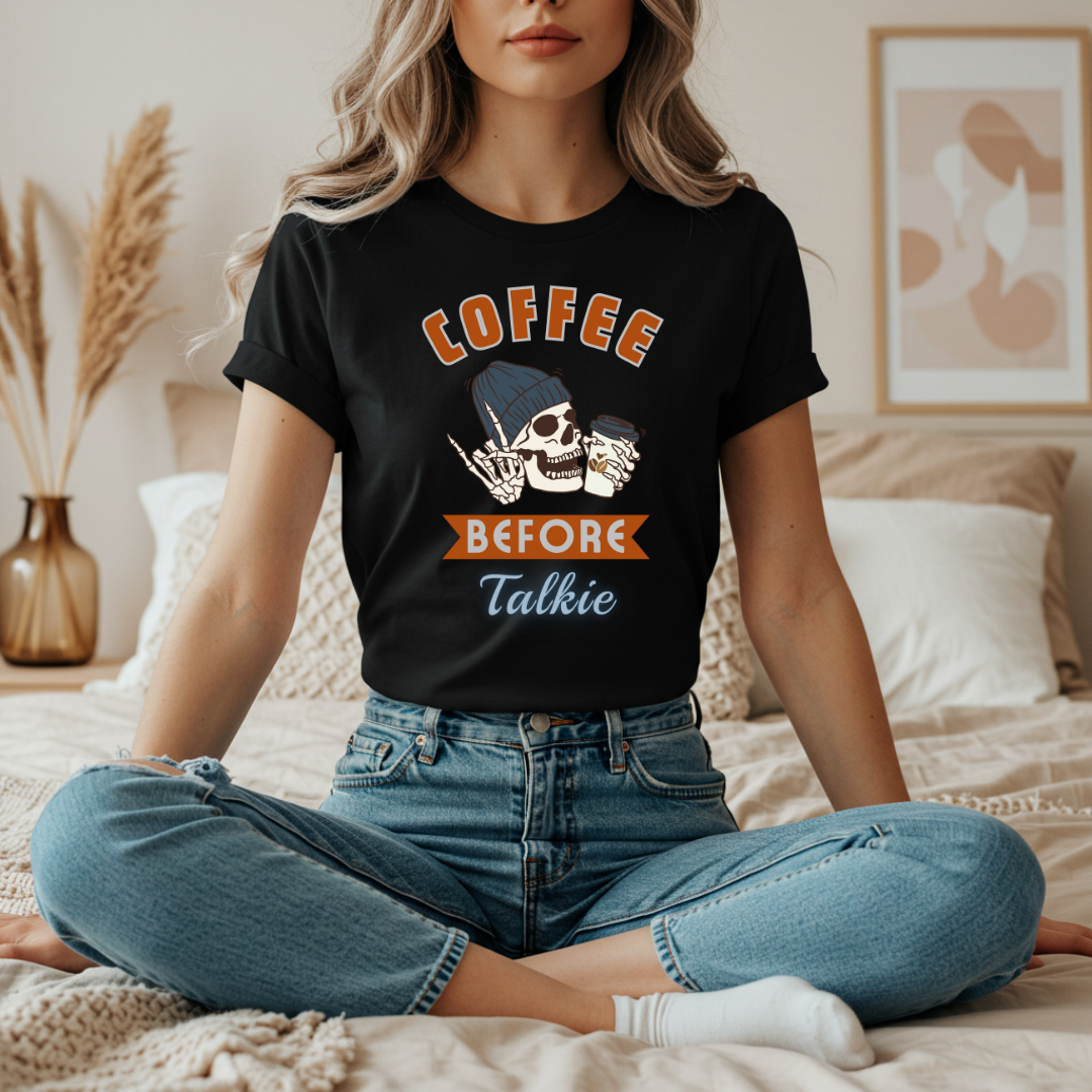 Cute Skeleton T-Shirt Coffee Before Talkie Skull Tee - Unisex Jersey Short Sleeve Shirt, Funny Coffee Lover Gift, Casual Wear, Relaxed Fit, Gift for Friends