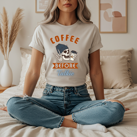 Cute Skeleton T-Shirt Coffee Before Talkie Skull Tee - Unisex Jersey Short Sleeve Shirt, Funny Coffee Lover Gift, Casual Wear, Relaxed Fit, Gift for Friends