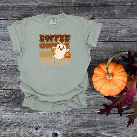 Cute Coffee Ghost Comfort Colors T-Shirt, Fall Shirt, Halloween Apparel, Funny Coffee Tee, Gift for Coffee Lovers, Casual Everyday Wear
