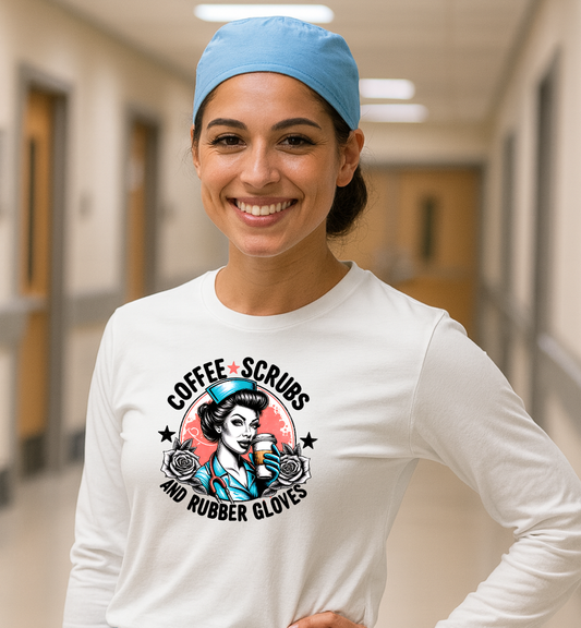 Funny Nurse Tee Coffee Scrubs and Rubber Gloves Long Sleeve Tee Bella Canvas Nurse Coffee Scrubs Long Sleeve Tee, Funny Nurse Shirt, Medical Staff Gift, Nursing Humor Apparel, Healthcare Worker Clothes