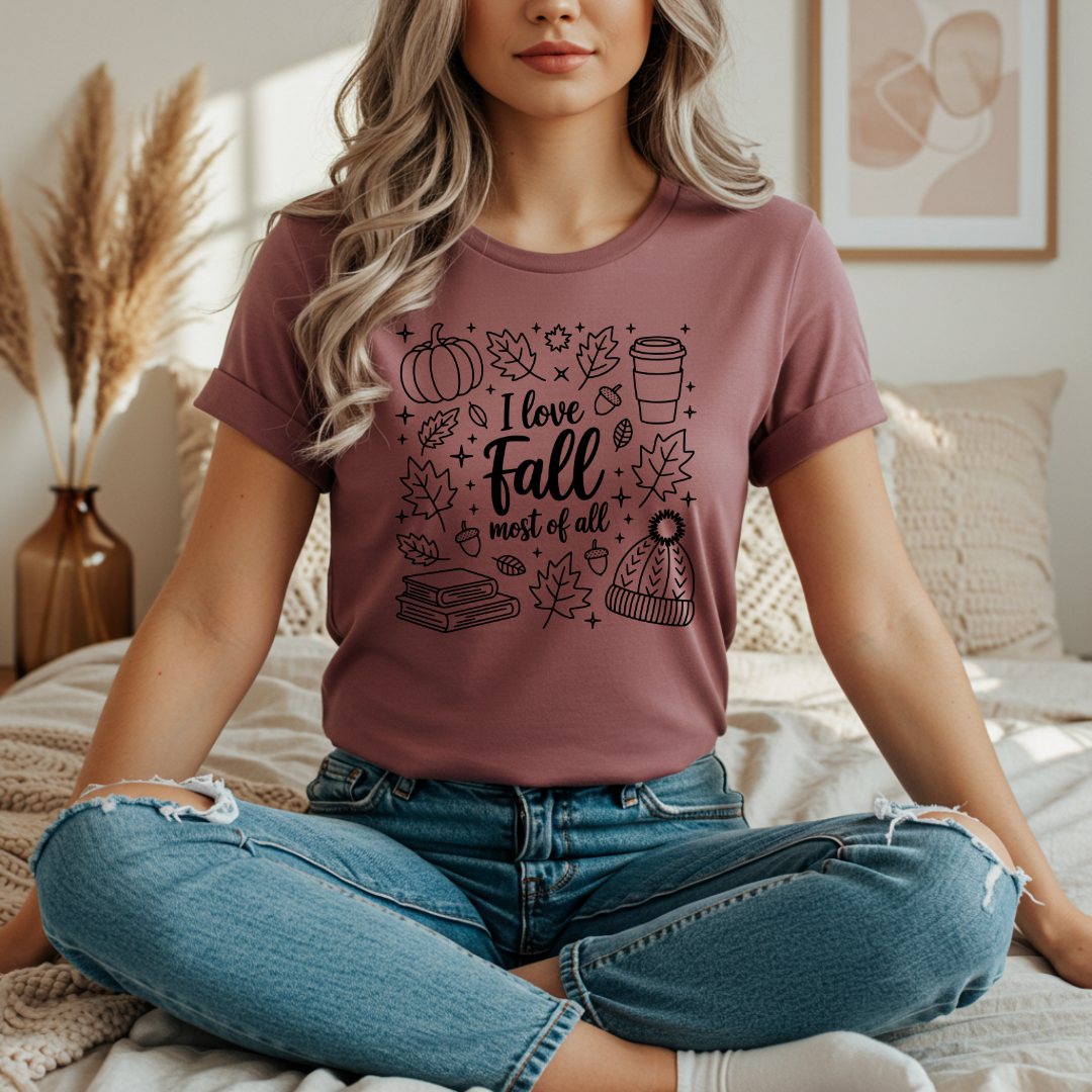 I Love Fall Short Sleeve Tee, Autumn T-Shirt, Cozy Fall Apparel, Pumpkin Shirt, Seasonal Gift, Unisex Casual Wear
