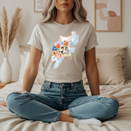 Gothic Floral Skull T-Shirt Vintage Boho Skull Watercolor Goth Graphic Tee Floral Skull Tee
