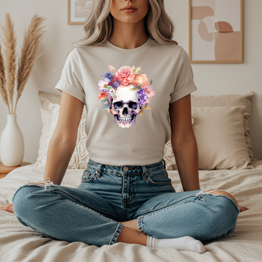 Gothic Purple Floral Skull Tee Vintage Boho T-Shirt