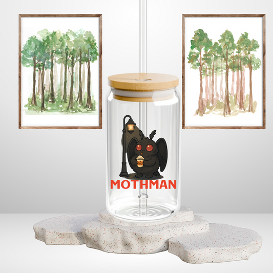Mothman Sipper Glass Tumbler 16oz With Lid and Straw Cryptid Paranormal Gift