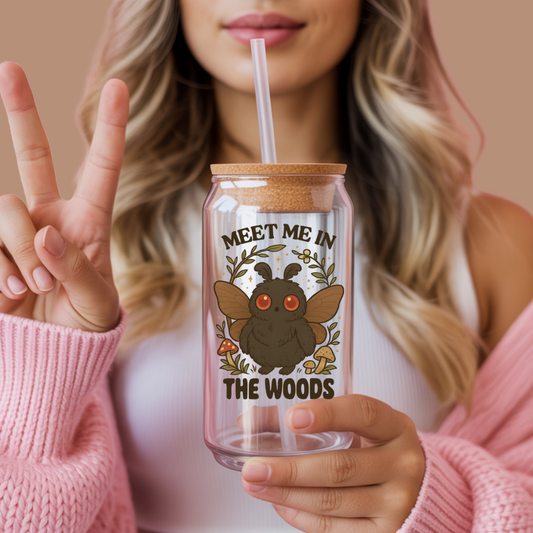 Mothman Meet Me in the Woods Sipper Glass 16oz Paranormal Cryptid Glass Tumbler