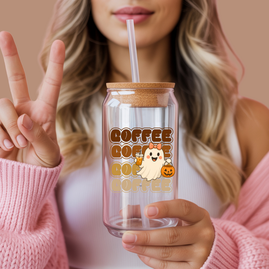 Cute Ghost Coffee Sipper Glass 16oz, Halloween Drinkware Reusable Beverage Jar Unique Gift Home Decor
