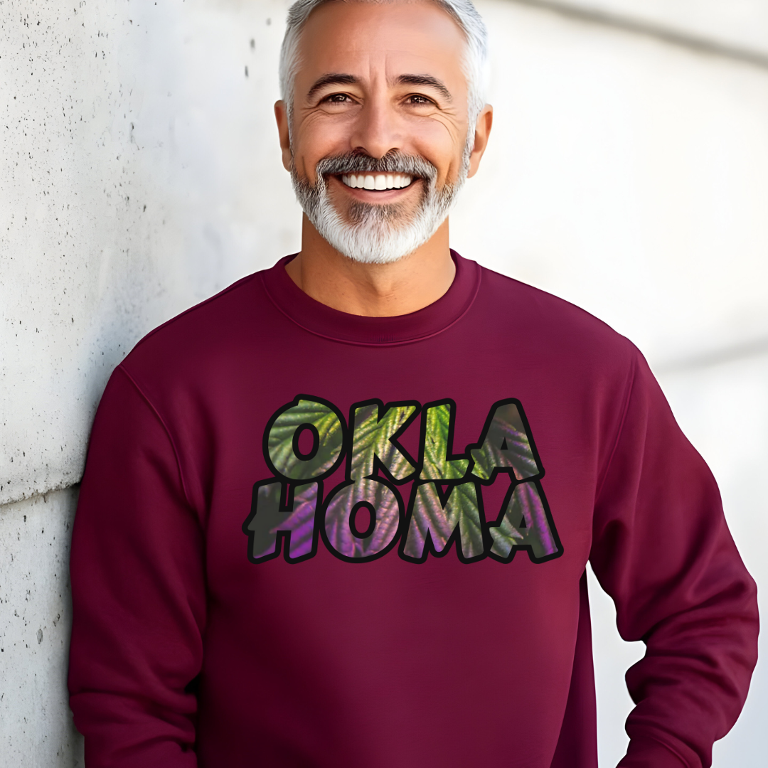 Oklahoma Cannabis Leaves Vibes Crewneck Sweatshirt, Comfortable Unisex Sweatshirt, Casual Style, Perfect for Fall, Great Gift Idea