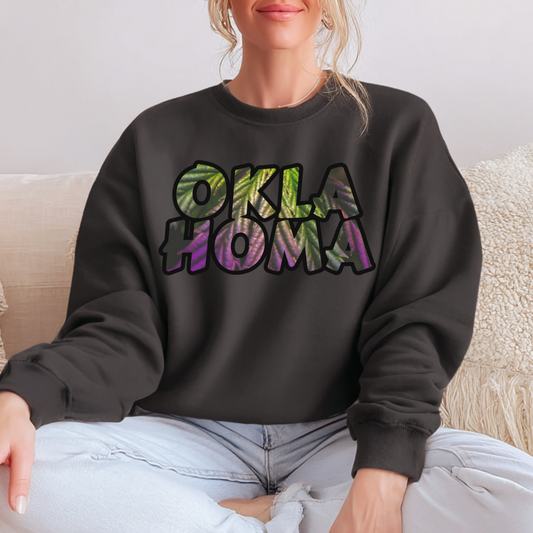 Oklahoma Cannabis Leaves Vibes Crewneck Sweatshirt, Comfortable Unisex Sweatshirt, Casual Style, Perfect for Fall, Great Gift Idea